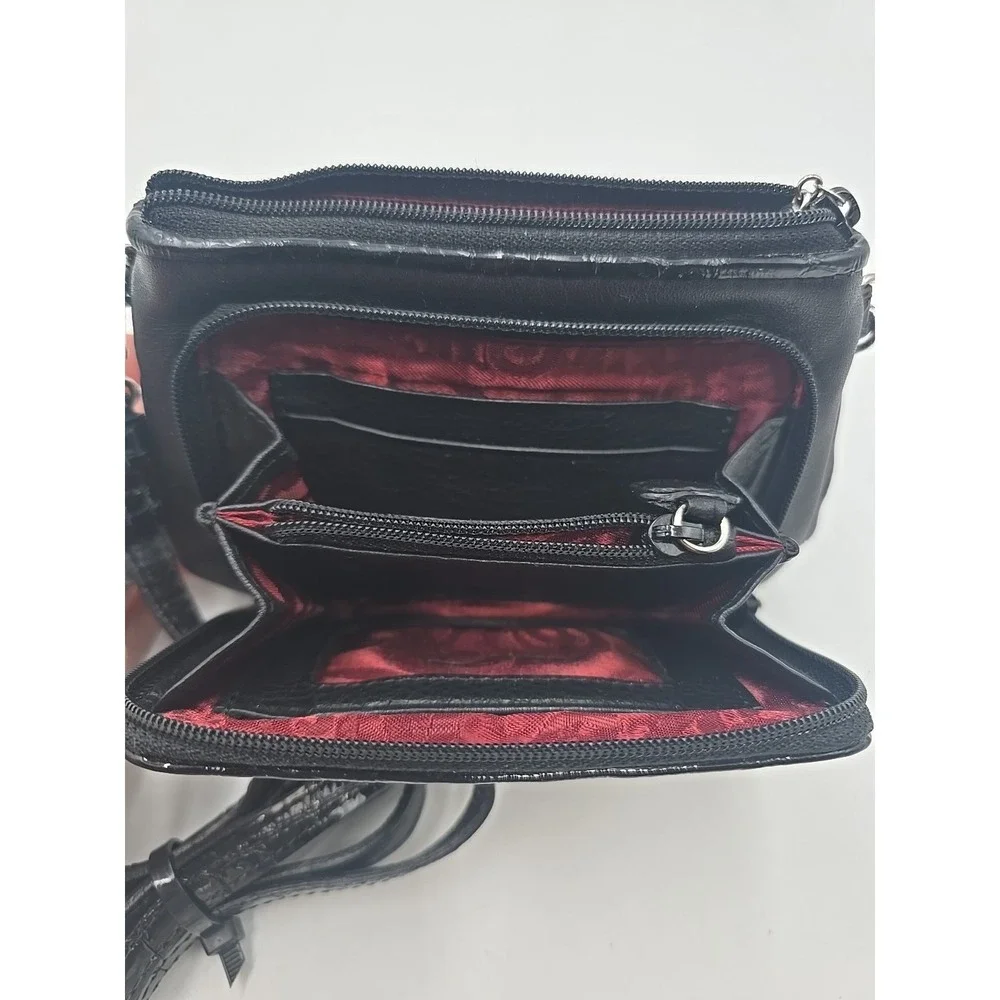 BRIGHTON Small Black Patent Leather SILVER ADORNED Shoulder Bag Cross Body - Picture 8 of 10